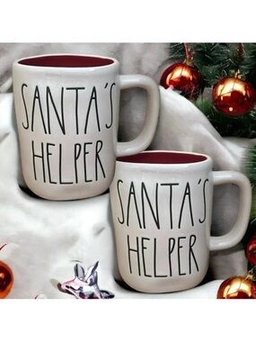 Set of 2 Rae Dunn SANTA’S‎ HELPER Coffee Tea Mug Cup New with Stickers still on